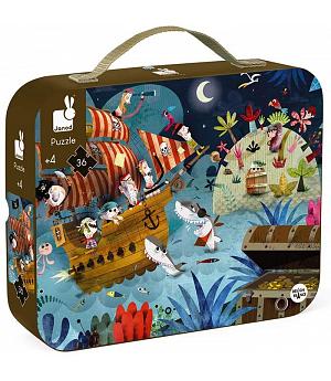 Janod 2922  - J02614 - Piratas del caribe Maletín redondo: puzle en búsqueda del tesoro 36 pzas. multicolor